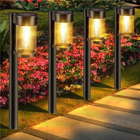 10-Pack Solar Pathway Lights – Outdoor Decorative Garden Yard Lights, 16" Tall, Cool White LED, IP44 Waterproof, Auto Dusk-to-Dawn, Ni-MH Battery Included